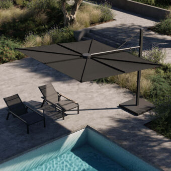 Superior Royal Botania Solaz umbrella with dark gray matte textile canopy and sleek dark metal frame