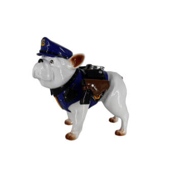 Superior Juliarte Bulldog Parade sculpture crafted in composite with glossy white and detailed black, blue, gold uniform accents
