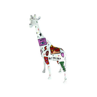 Distinguished Juliarte Giraffe sculpture handcrafted with stone powder and fiberglass in glossy white with vibrant pop art patterns