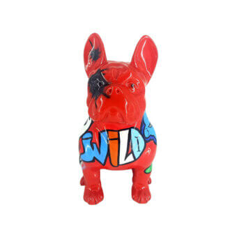 Distinguished Juliarte Seated Bulldog sculpture crafted in stone powder and fiberglass with glossy graffiti-style paint