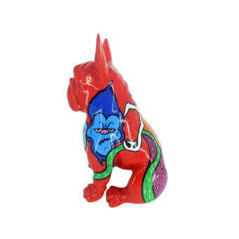 Exclusive Juliarte Seated Bulldog sculpture crafted in stone powder and fiberglass with glossy red finish and matte blue face