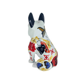 Exceptional Juliarte Seated Bulldog sculpture with hand-painted roses, butterflies and abstract motifs in stone powder and fiberglass with a glossy finish