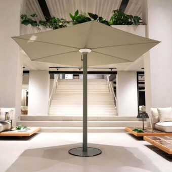 Superior Royal Botania Anamon sunshade crafted in matte gray metal with smooth off-white textile offering elegant shade and warm white illumination