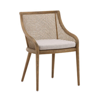 Armchair by Dovetail Arcata featuring medium brown ash wood, woven rattan panels, and beige linen upholstery on tapered legs