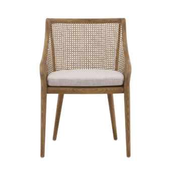 Armchair by Dovetail Arcata in medium brown ash wood with matte finish, woven rattan backrest and beige linen upholstered