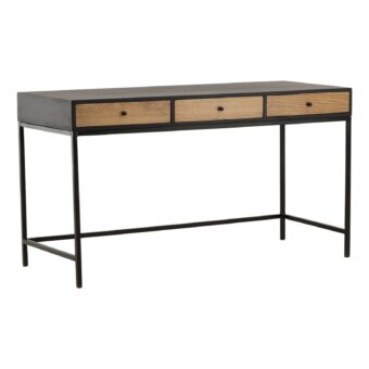 Desk by Dovetail with dark frame, three drawers holding natural wood grain fronts, slender metal support and knobs