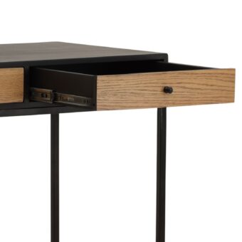 Desk by Dovetail Darwick with two natural wood grain drawers and a matte black metal frame in a linear rectangular…
