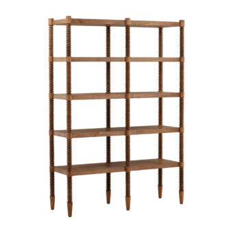 Bookcase by Dovetail Fernandez, crafted from Mindi wood and veneer featuring a rich brown finish and spiral columns