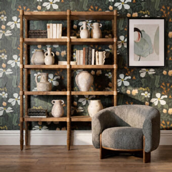 Bookcase by Dovetail Fernandez in brown Mindi wood and veneer with rectilinear silhouette plus bobbin turned columns