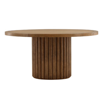 Dining table by Dovetail in rubber wood with oak veneer, warm dark brown finish, cylindrical pedestal base