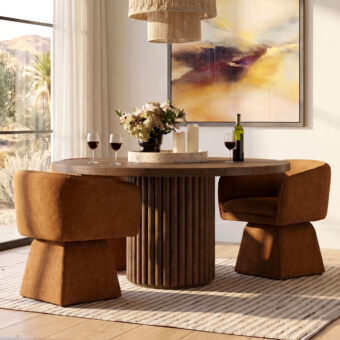 Dining table by Dovetail Henley in dark brown rubber wood and oak veneer with a circular top and fluted drum…
