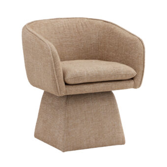 Dining armchair by Dovetail Jonie in beige basketweave polyester upholstery with swivel function and tapered pedestal base