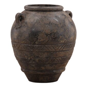 Planter by Dovetail Home in ceramic with weathered brownish-black finish, mottled bronze, rust, gray tones, loop handles