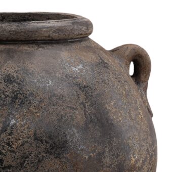 Pot by Dovetail Kenrick in ceramic with dark charcoal gray bulbous form, integrated loop handle, wide rolled rim finish