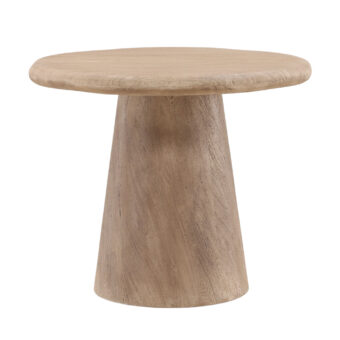 Bistro table by Dovetail Marci in weathered natural acacia wood with a flared pedestal base plus matte textured surface
