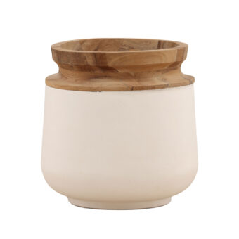 Pot by Dovetail Nina featuring a white fiber cement body having a matte finish and a natural teak wood base