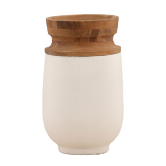 Pot by Dovetail Nina with a matte white fiber cement body and a natural teak wood collar in a cylindrical…