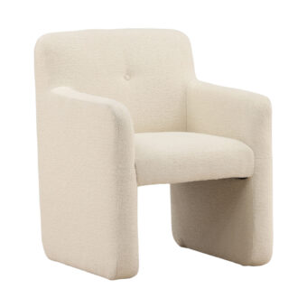 Armchair by Dovetail in cream textured performance polyester with angular frame, integrated armrests and button tufted back