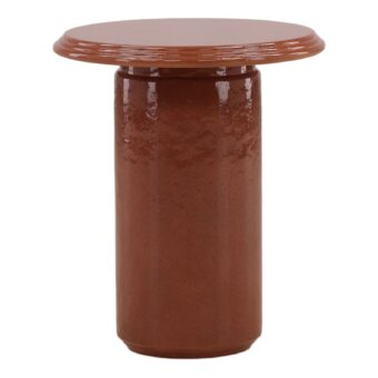 Side table by Dovetail Renwick in terracotta ceramic featuring a smooth top and a textured base with a high gloss…
