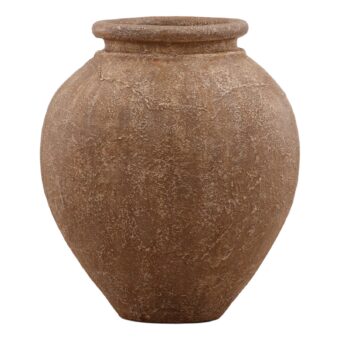 Pot by Dovetail in brown fiber cement with an amphora shape and matte textured finish that mimics aged earthenware base