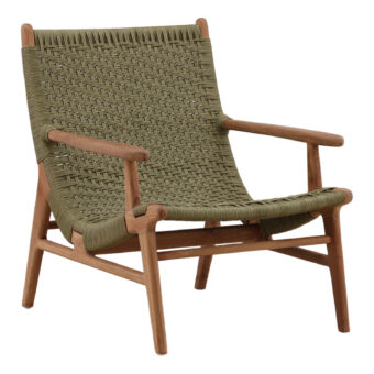 Lounge chair by Dovetail in olive green woven cord with wood frame, matte finish, rounded armrests and tapered legs