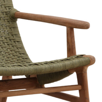 Lounge chair by Dovetail in olive green woven synthetic cord with wood frame in medium brown finish and natural grain