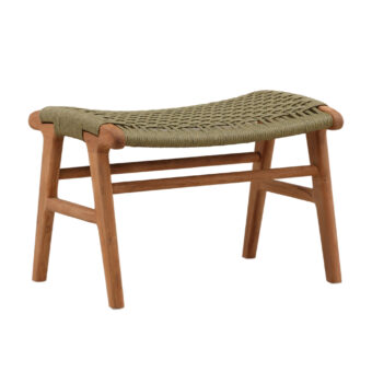 Ottoman by Dovetail Vertis in natural teak wood with satin finish and olive green synthetic rope seat