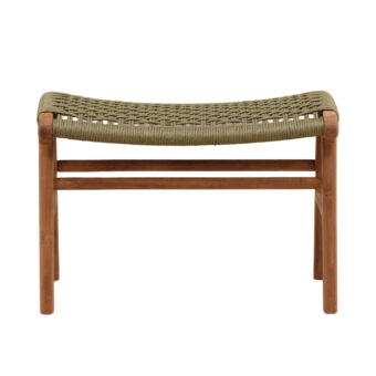 Ottoman by Dovetail in natural teak wood and olive green synthetic rope featuring a matte finish and saddle profile