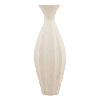 Vase by Dovetail crafted from ceramic in off-white speckled color with matte textured finish and vertical faceted fluting