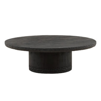 Coffee table by Dovetail Wilber in black mango wood with a matte textured finish, cylindrical pedestal and carved detail