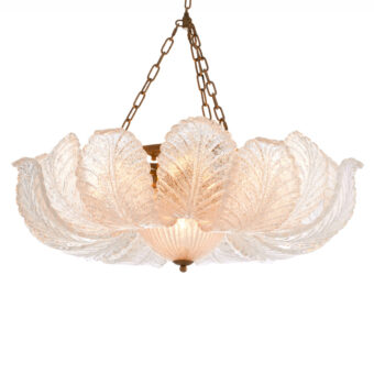 Suspension lamp by Eichholtz with flower shaped textured glass diffuser, vein pattern panels and antique brass metal frame