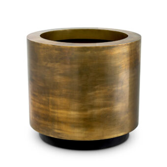 Planter by Eichholtz Jasper in metal with brushed weathered brass finish on a recessed matte black circular support base