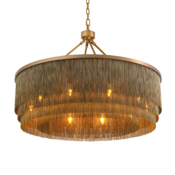 Suspension lamp by Eichholtz Tissot L in metal chains with antique brass finish and a three tier cascading fringe structure