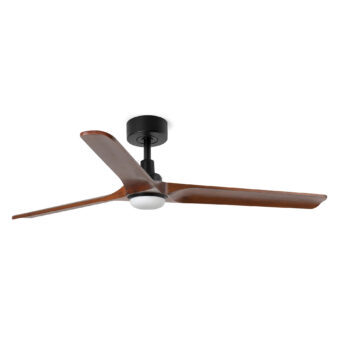 Ceiling fan by Faro Barcelona featuring curved wood blades with a brown finish and a matte black metal motor housing…