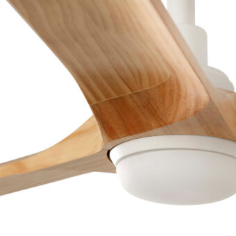 Ceiling fan by Faro Barcelona with natural grain wood blades and a matte white metal housing plus central light diffuser