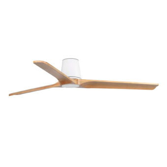Ceiling fan by Faro Barcelona with pine blades and matte white metal housing in a three aerodynamic blade configuration