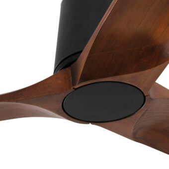 Ceiling fan by Faro Barcelona with pine wood blades in a warm grain finish and a central matte black metal…