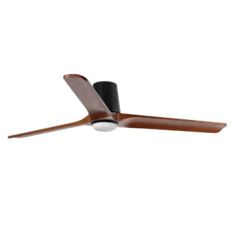 Ceiling fan by Faro Barcelona with matte black metal housing and medium brown pine blades plus an opaque white light…