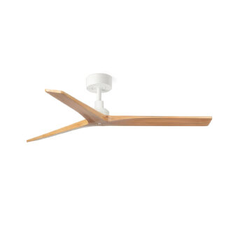 Ceiling fan by Faro Barcelona with light brown wood blades and a matte white motor housing in a three blade…