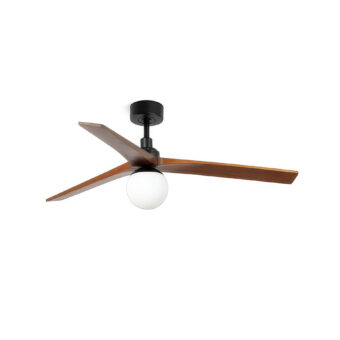 Ceiling fan by Faro Barcelona with wood blades in satin finish and matte black metal housing plus frosted glass sphere