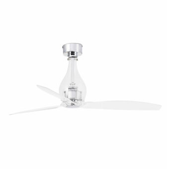 Ceiling fan by Faro Barcelona featuring a metal body, polished finish, transparent glass housing, clear blades