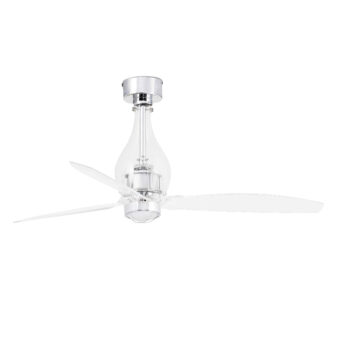 Ceiling fan by Faro Barcelona with transparent resin blades and bulbous teardrop casing in glossy silver metal hardware