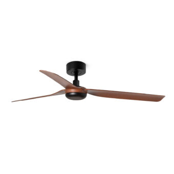Ceiling fan by Faro Barcelona with matte black metal housing and three wooden blades in a medium brown linear grain…