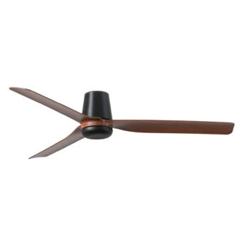Ceiling fan by Faro Barcelona in dark brown wood with matte black metal motor housing, cylindrical canopy and three blades