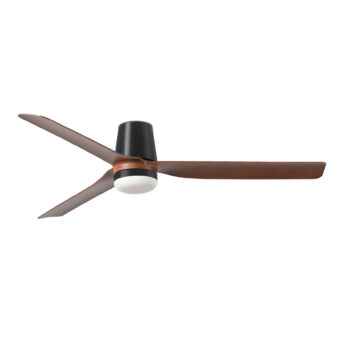 Ceiling fan by Faro Barcelona Punt Tub in matte black metal with dark brown wood grain blades and integrated dome…