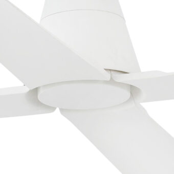 Ceiling fan by Faro Barcelona in matte white with geometric housing and radially extending blades for sloped installation