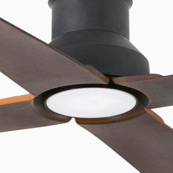 Ceiling fan by Faro Barcelona with matte black metal housing and dark warm brown wood grain blades plus translucent cover