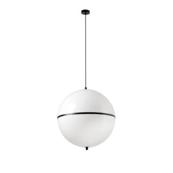 Suspension lamp by Faro Barcelona in white glass with black metal components, featuring a glossy finish and opaline shade