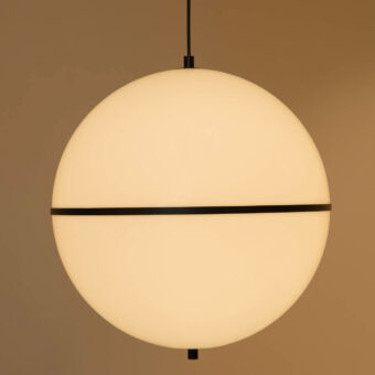 Suspension lamp by Faro Barcelona featuring opaline diffuser in matte white with dark metal band and mounting hardware