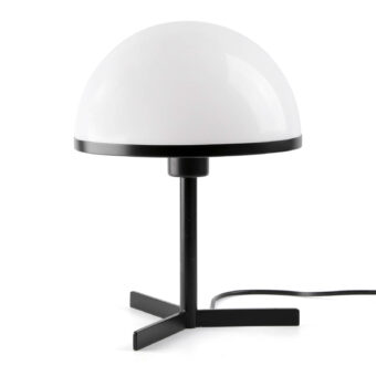Table lamp by Faro Lab with opaque white opaline diffuser and metal structure in a matte black finish on cross…